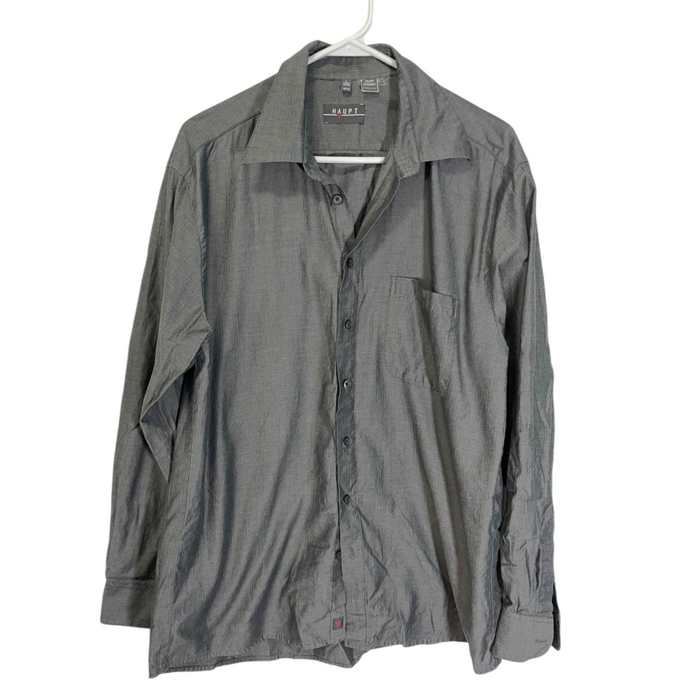 Haupt Large Gray Button Front Shirt Herringbone Long Sleeve Pocket 16.5‎ 41/42